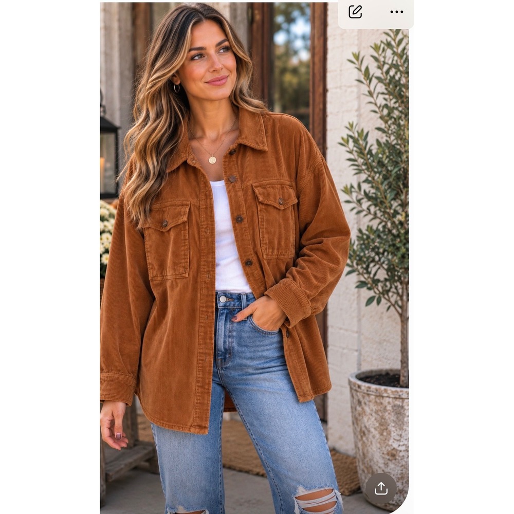 Kensie Jeans Women's Medium Corduroy Shacket Brown Button Front Oversized Fall